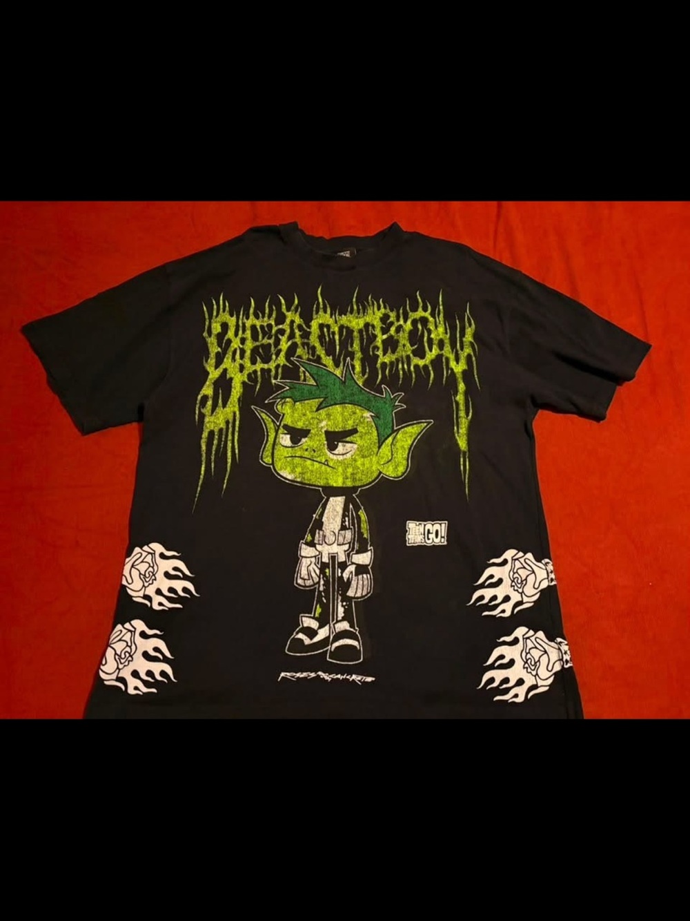 Black Graphic Tee with Green Cartoon Character - Unbranded